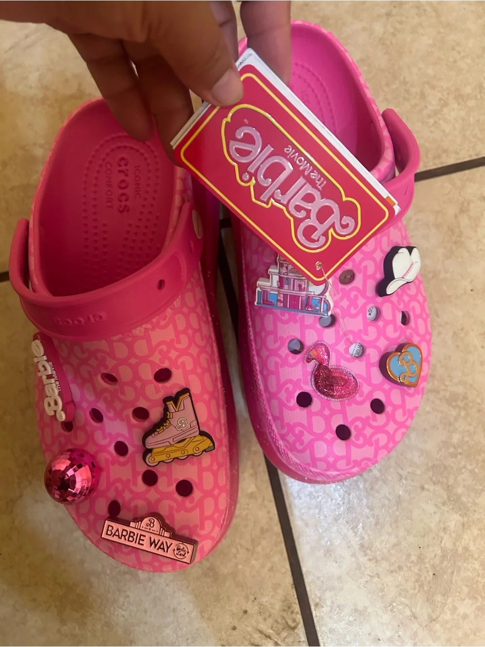 CROCS Girls' Bright Pink Barbie Charm Platform Clogs